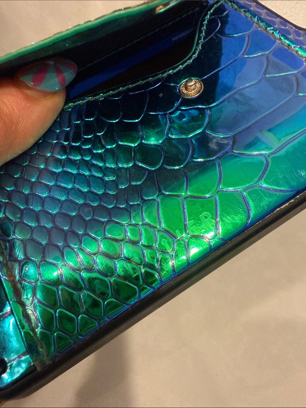 Bandolier iPhone 13 Pro Max Iridescent Green-Blue Snake-Texture Card Phone Case - Picture 2 of 4